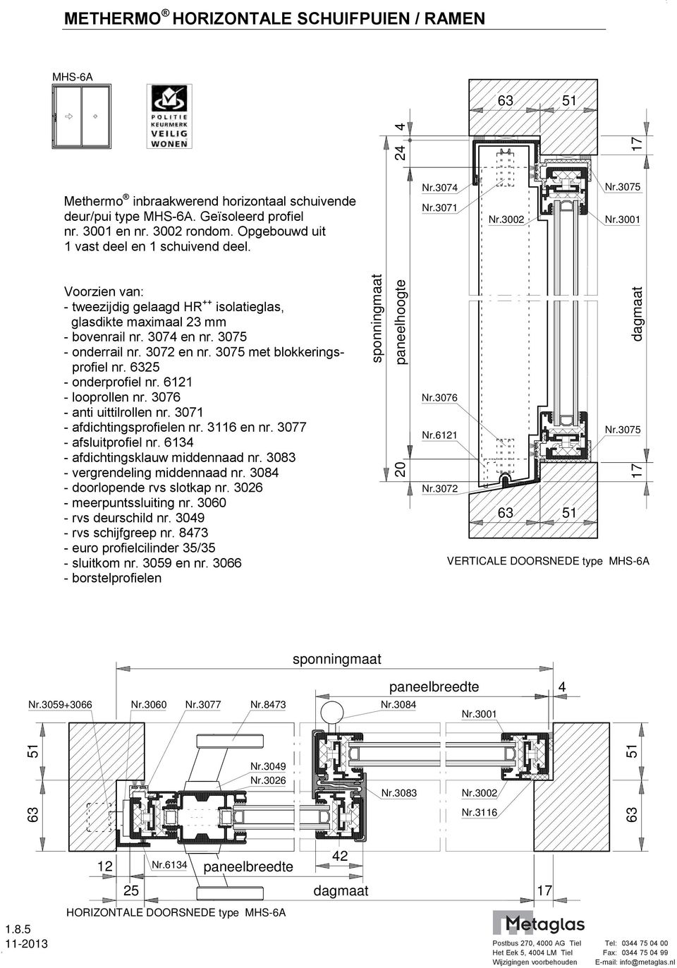 3075 met blokkerings- - profiel nr. 6325 - onderprofiel nr. 6121 - looprollen nr. 3076 - anti uittilrollen nr. 3071 - afdichtingsprofielen nr. 3116 en nr. 3077 - afsluitprofiel nr.