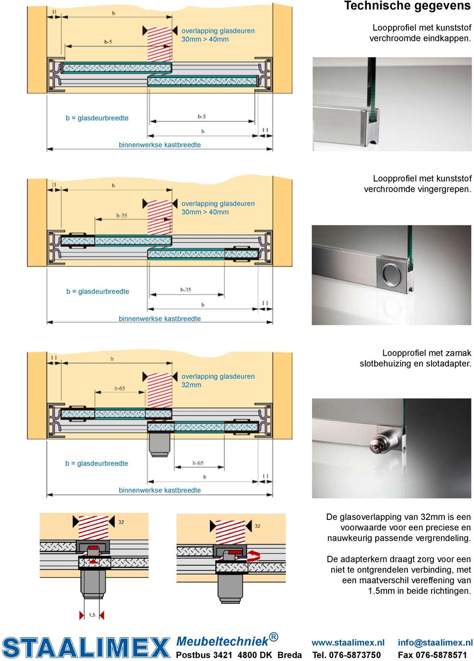 overlapping glasdeuren 30mm > 40mm b = glasdeurbreedte binnenwerkse kastbreedte overlapping glasdeuren 32mm Loopprofiel met zamak slotbehuizing en