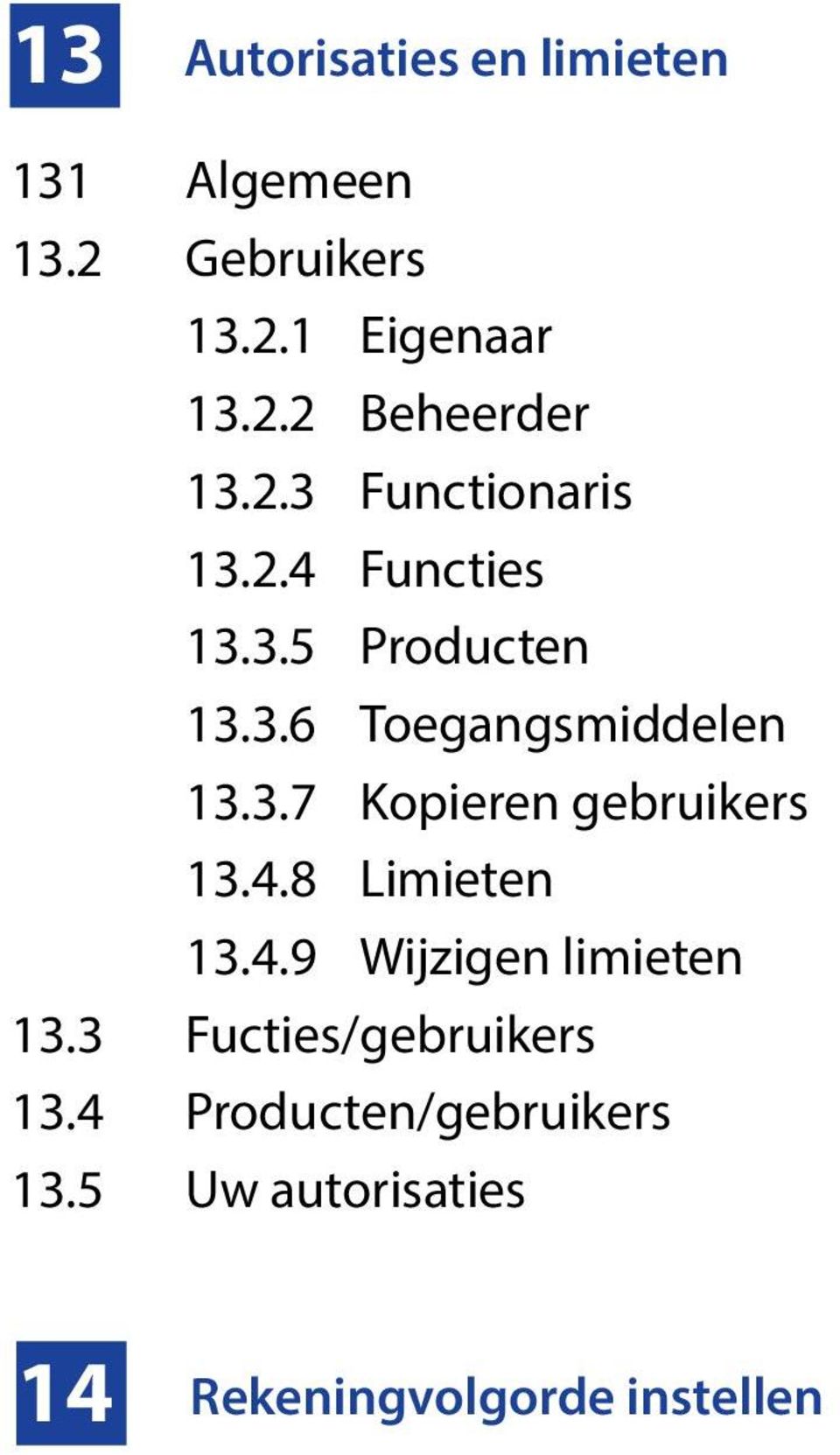 4.8 Limieten 13.4.9 Wijzigen limieten 13.3 Fucties/gebruikers 13.