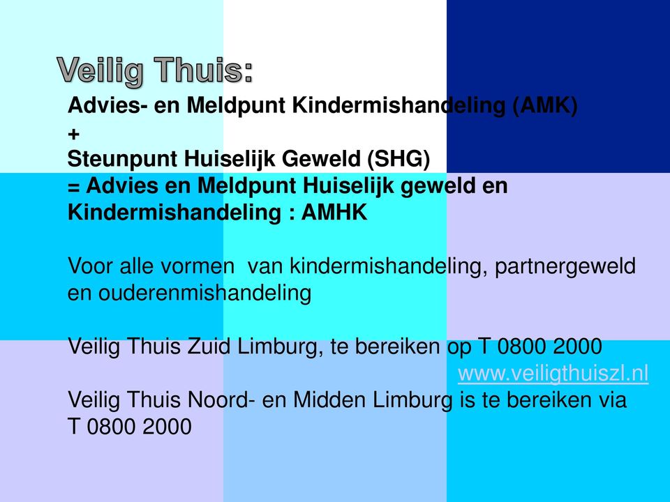 kindermishandeling, partnergeweld en ouderenmishandeling Veilig Thuis Zuid Limburg, te