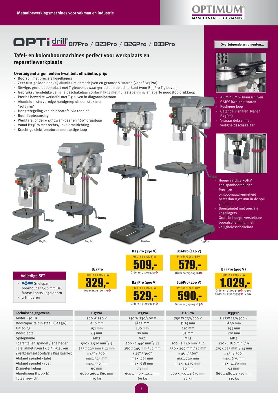 aluminium riemschijven en getande V-snaren (vanaf B23Pro) Stevige, grote bodemplaat met T-gleuven, zwaar geribd aan de achterkant (voor B33Pro T-gleuven) Gebruiksvriendelijke veiligheidsschakelaar