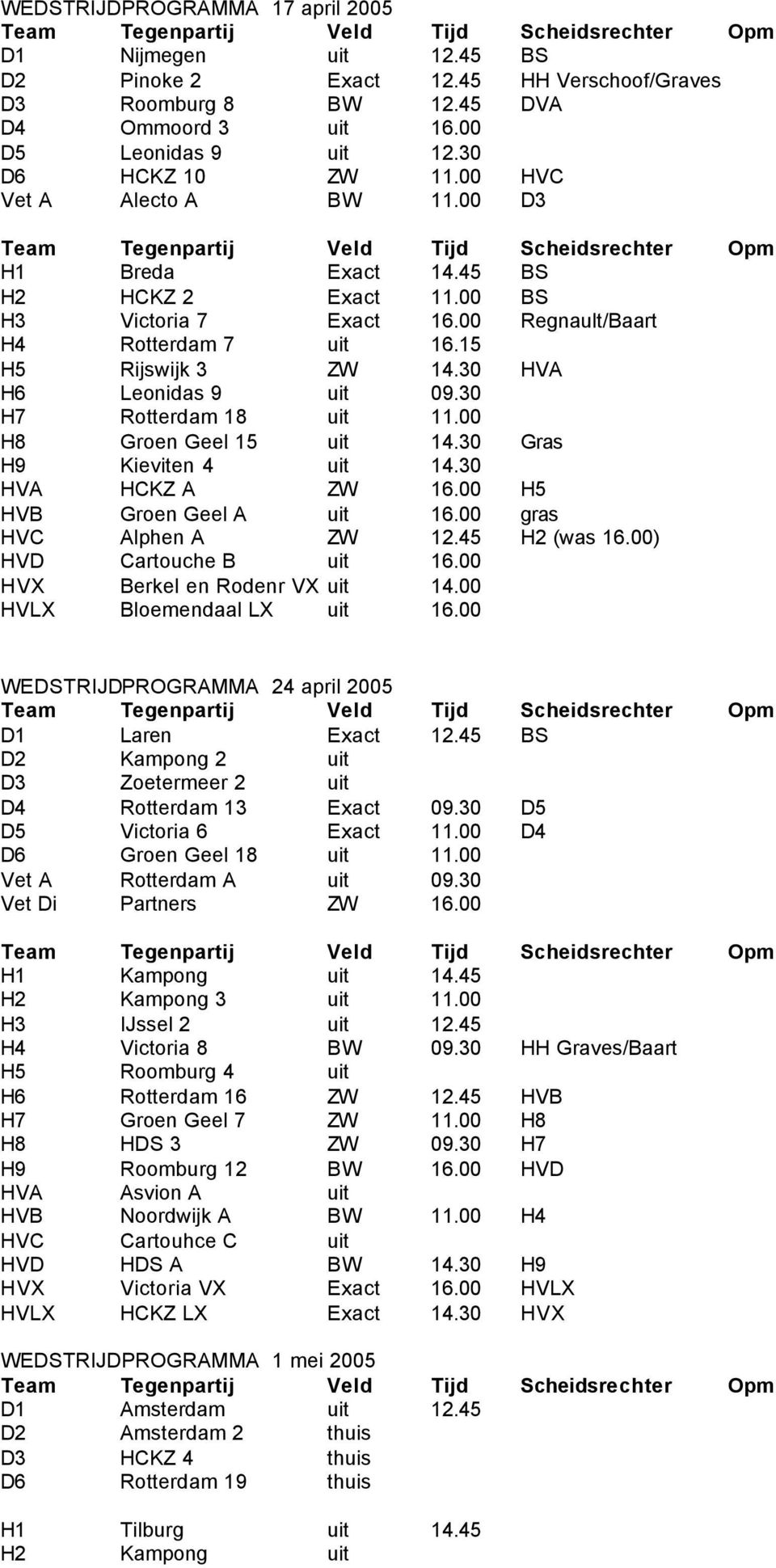 00 Regnault/Baart H4 Rotterdam 7 uit 16.15 H5 Rijswijk 3 ZW 14.30 HVA H6 Leonidas 9 uit 09.30 H7 Rotterdam 18 uit 11.00 H8 Groen Geel 15 uit 14.30 Gras H9 Kieviten 4 uit 14.30 HVA HCKZ A ZW 16.