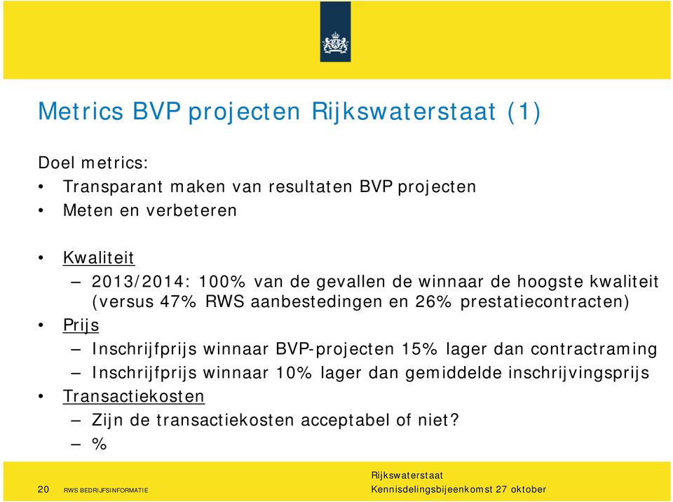 prestatiecontracten) Prijs Inschrijfprijs winnaar BVP-projecten 15% lager dan contractraming Inschrijfprijs winnaar