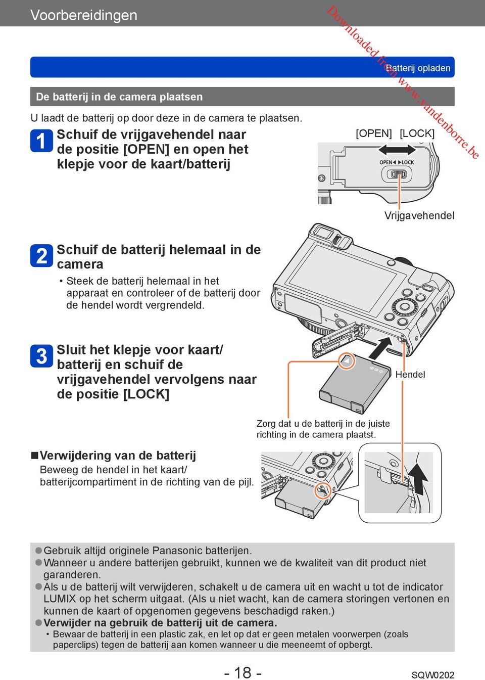 apparaat en controleer of de batterij door de hendel wordt vergrendeld.