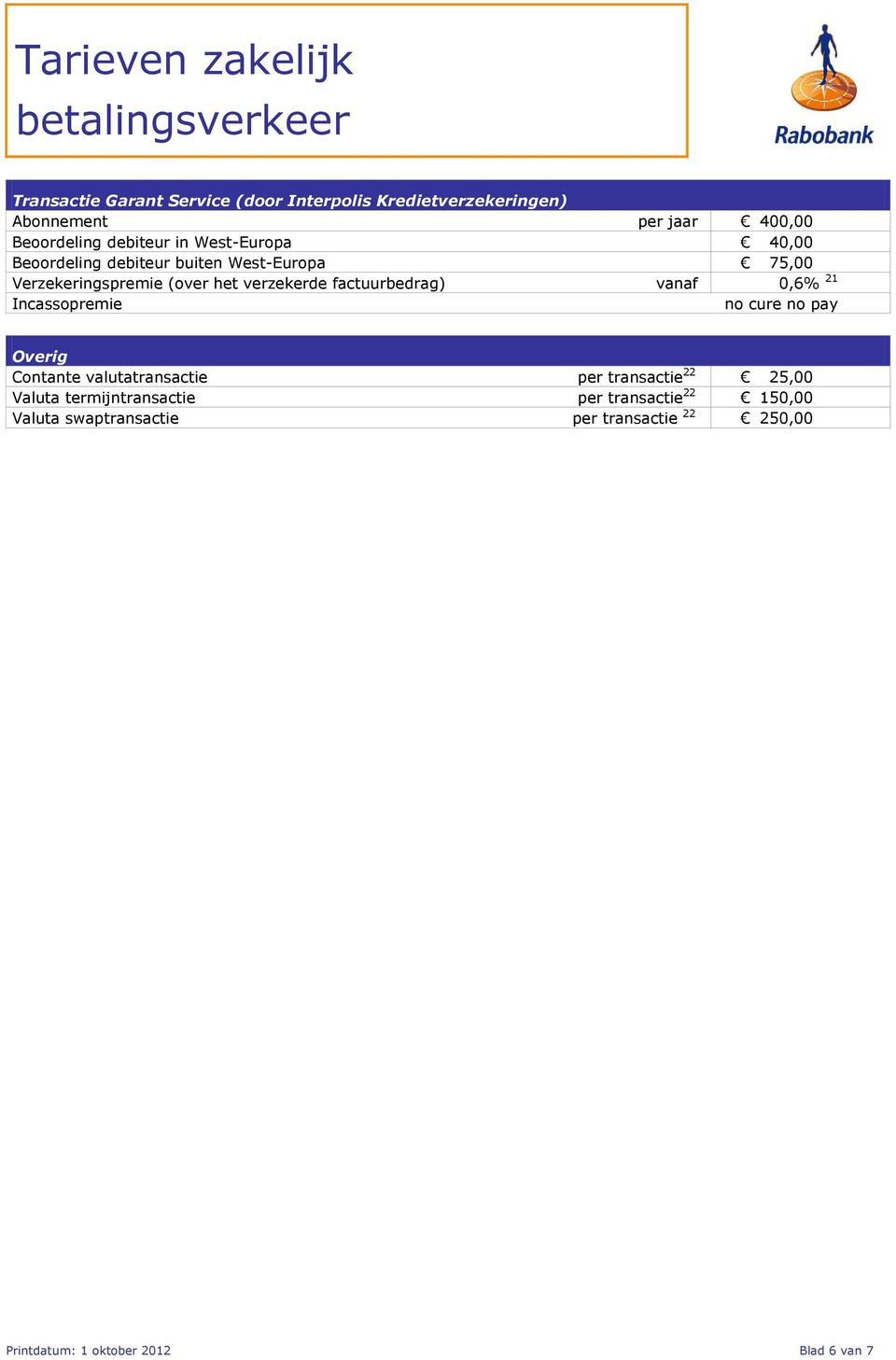 factuurbedrag) vanaf 0,6% 21 Incassopremie no cure no pay Overig Contante valutatransactie per transactie 22 25,00