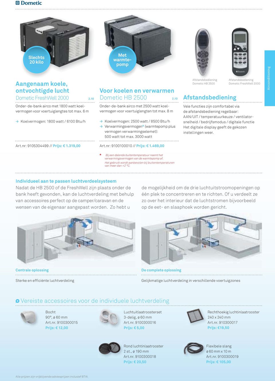 6 m Koelvermogen: 1800 watt / 6100 Btu/h Onder-de-bank airco met 2500 watt koelvermogen voor voertuiglengten tot max.