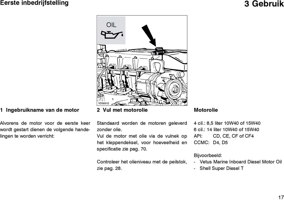 Vul de motor met olie via de vulnek op het kleppendeksel, voor hoeveelheid en specificatie zie pag. 70.