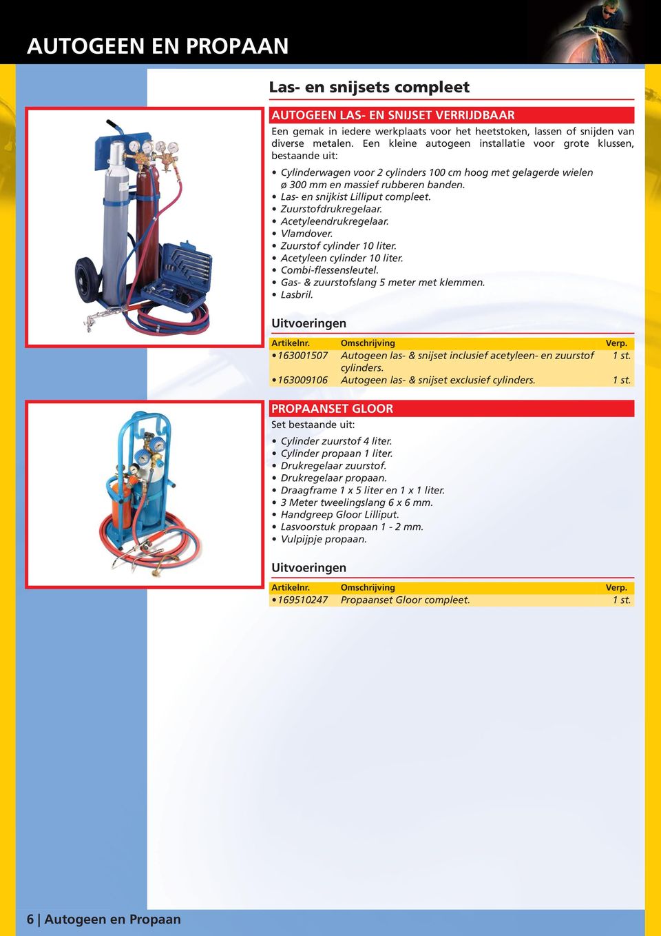 Las- en snijkist Lilliput compleet. Zuurstofdrukregelaar. Acetyleendrukregelaar. Vlamdover. Zuurstof cylinder 10 liter. Acetyleen cylinder 10 liter. Combi-flessensleutel.