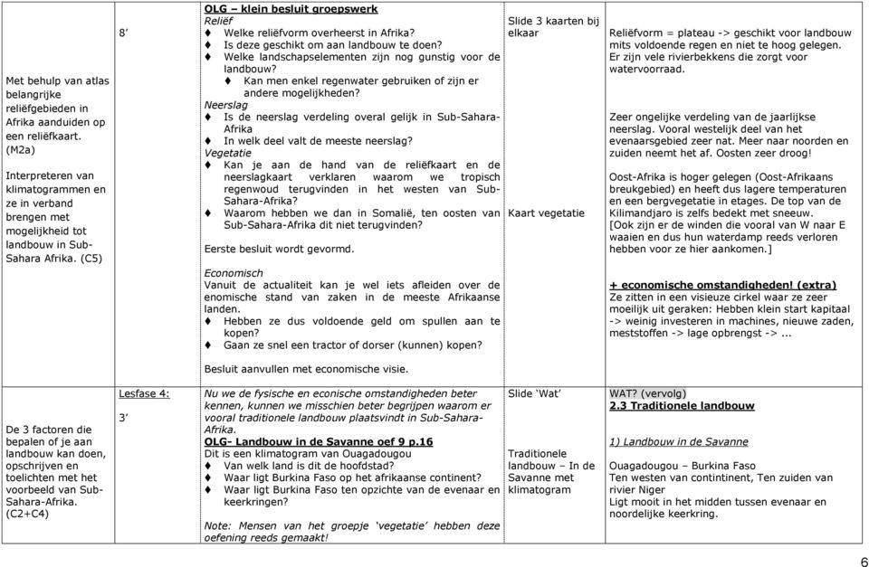 (C5) 8 OLG klein besluit groepswerk Reliëf Slide 3 kaarten bij Welke reliëfvorm overheerst in Afrika? elkaar Is deze geschikt om aan landbouw te doen?