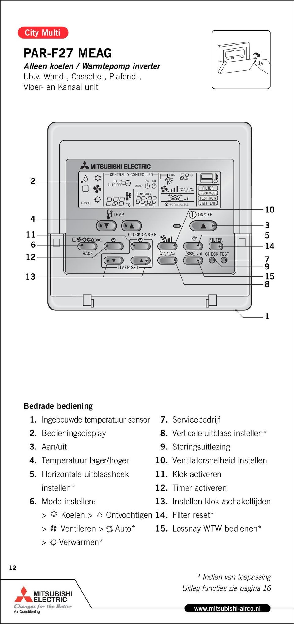 Bedieningsdisplay. Aan/uit. Temperatuur lager/hoger. Horizontale uitblaashoek instellen*. Mode instellen:. Servicebedrijf. Verticale uitblaas instellen*. Storingsuitlezing 0.