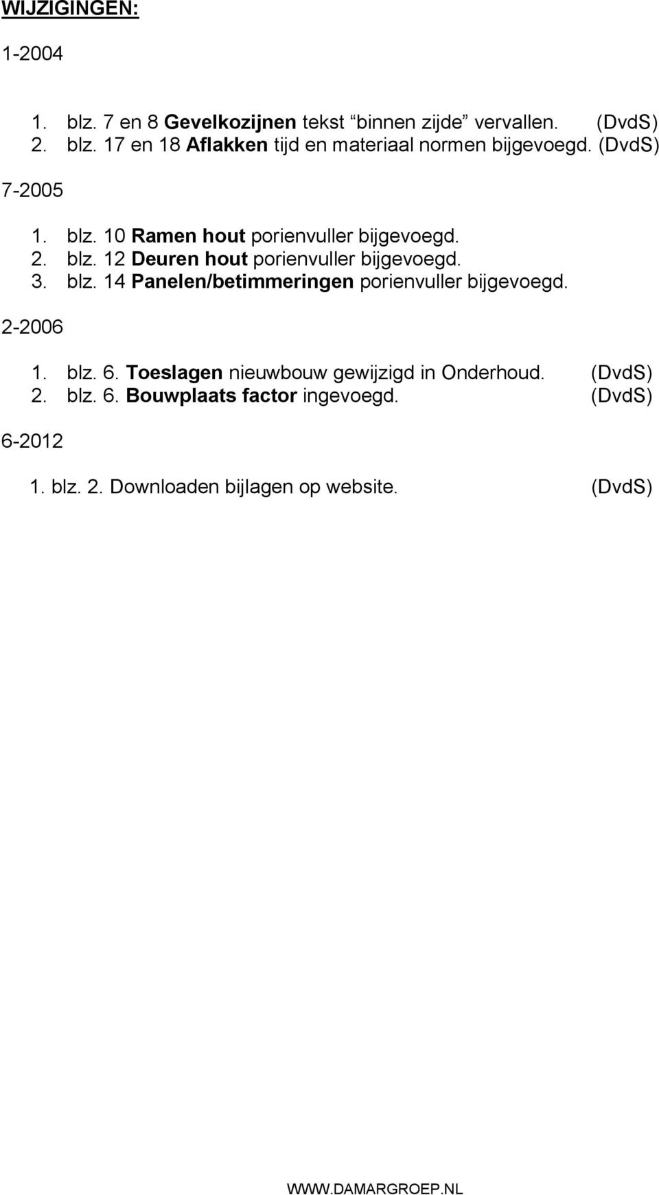 2-2006 1. blz. 6. Toeslagen nieuwbouw gewijzigd in Onderhoud. (DvdS) 2. blz. 6. Bouwplaats factor ingevoegd. (DvdS) 6-2012 1.
