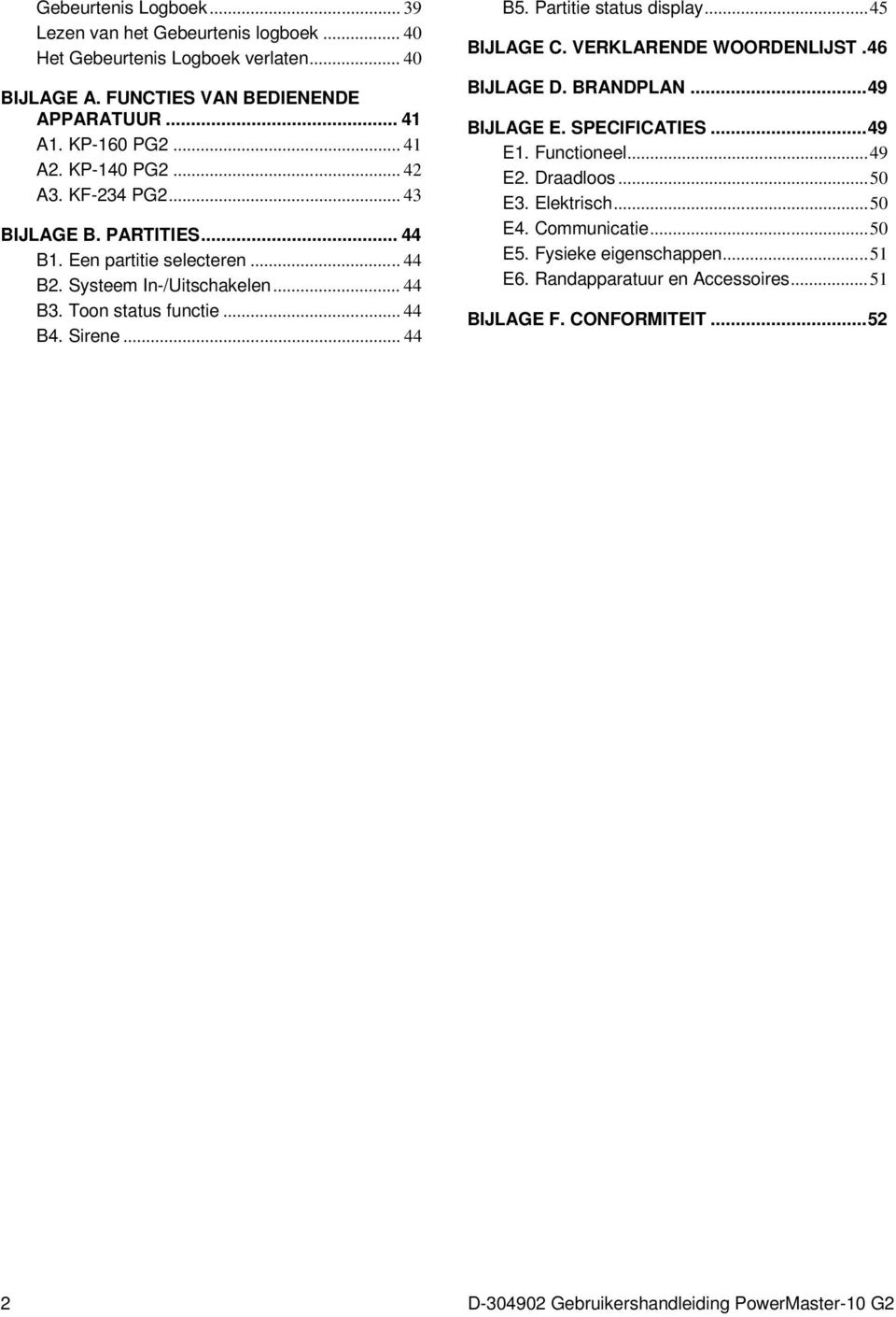 Partitie status display... 45 BIJLAGE C. VERKLARENDE WOORDENLIJST. 46 BIJLAGE D. BRANDPLAN... 49 BIJLAGE E. SPECIFICATIES... 49 E1. Functioneel... 49 E2. Draadloos... 50 E3.