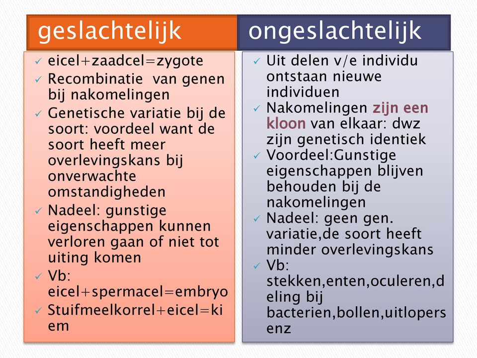 ongeslachtelijk Uit delen v/e individu ontstaan nieuwe individuen Nakomelingen zijn een kloon van elkaar: dwz zijn genetisch identiek Voordeel:Gunstige