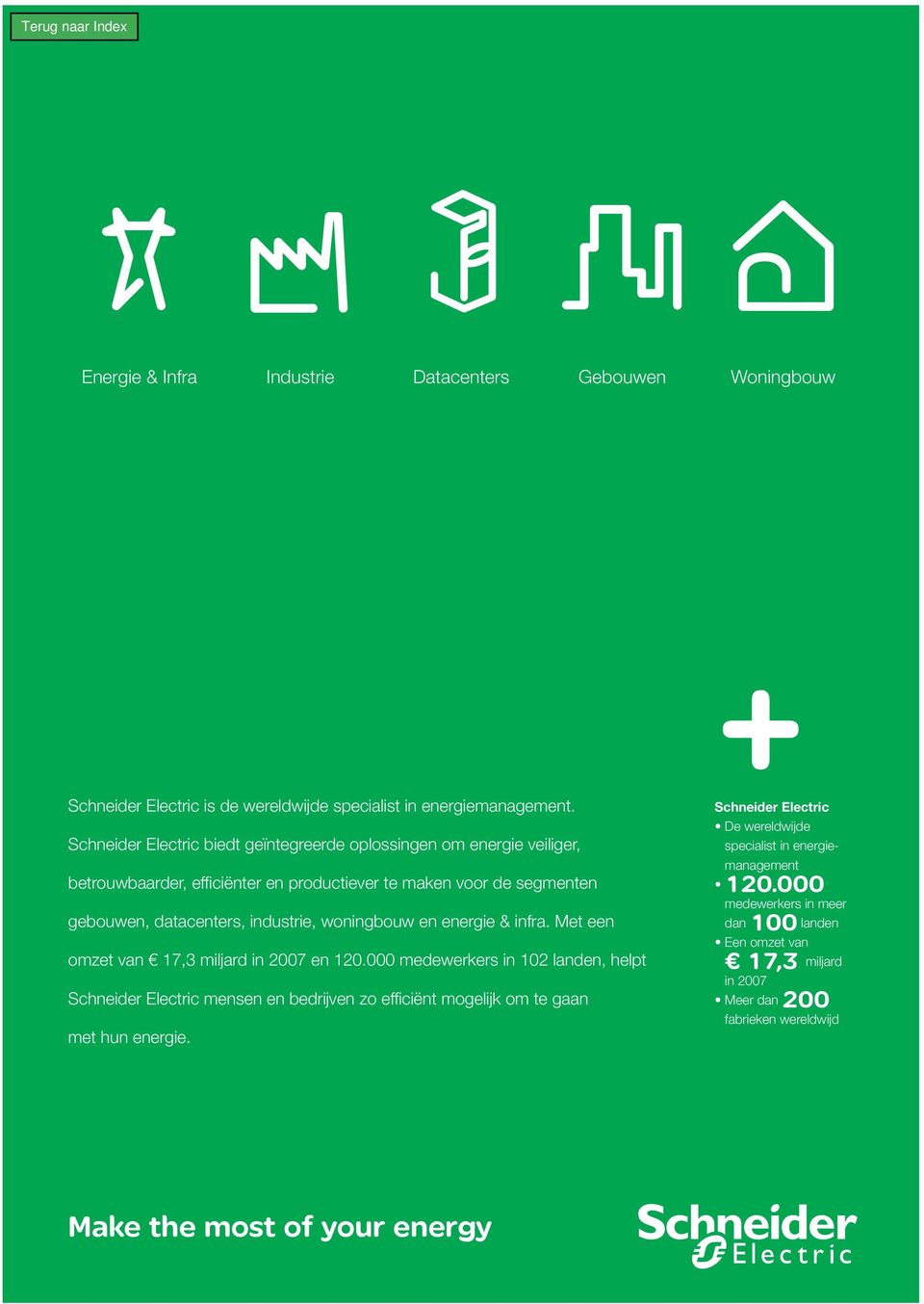 Helvetica light 8 op 9 Tekst in Helvetica light 8 op 9 Energie & Infra Industrie Datacenters Gebouwen Woningbouw Schneider Electric is de wereldwijde specialist in energiemanagement.