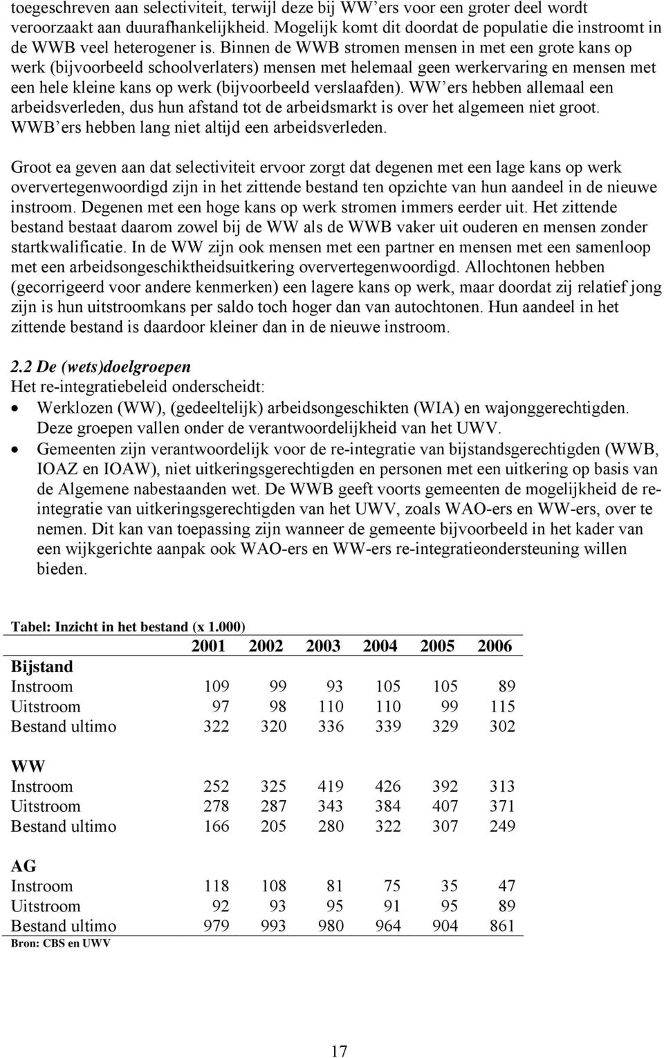 Binnen de WWB stromen mensen in met een grote kans op werk (bijvoorbeeld schoolverlaters) mensen met helemaal geen werkervaring en mensen met een hele kleine kans op werk (bijvoorbeeld verslaafden).