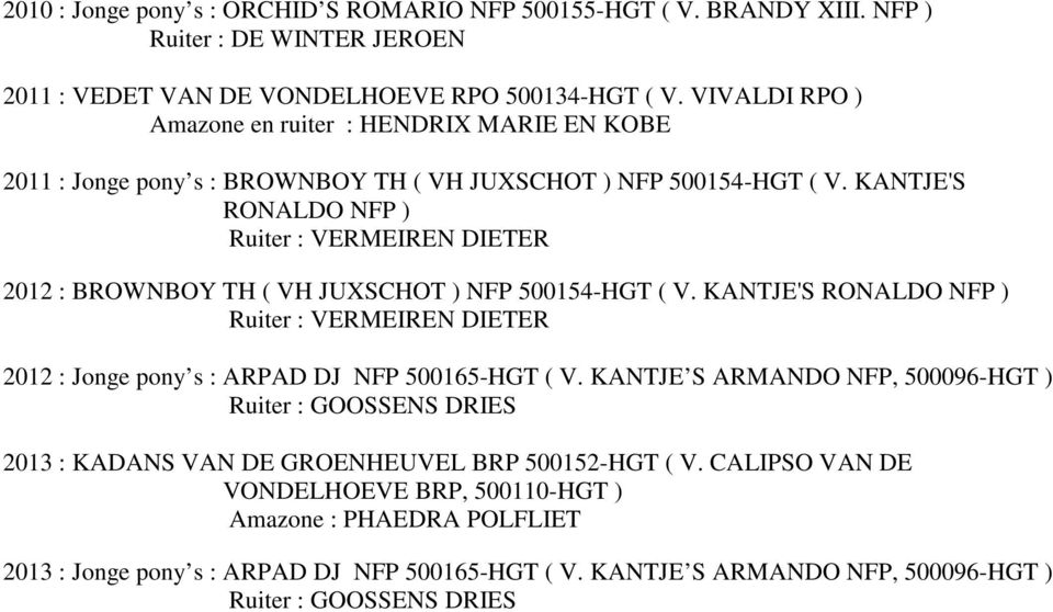KANTJE'S RONALDO NFP ) Ruiter : VERMEIREN DIETER 2012 : BROWNBOY TH ( VH JUXSCHOT ) NFP 500154-HGT ( V.