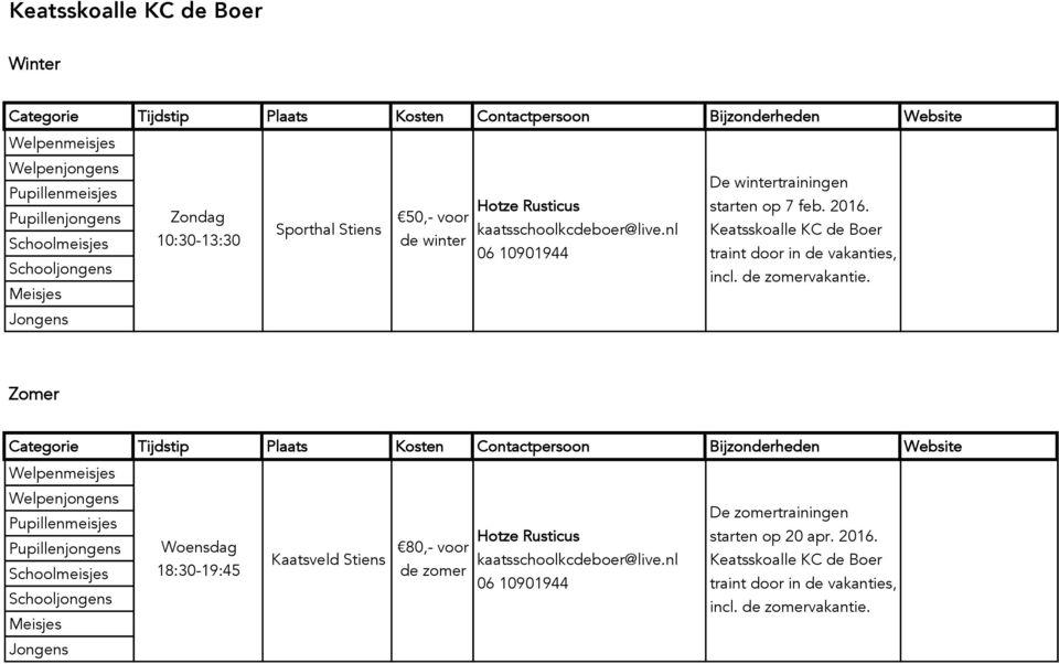 de zomervakantie. 18:30-19:45 Kaatsveld Stiens 80,- voor de zomer Hotze Rusticus kaatsschoolkcdeboer@live.