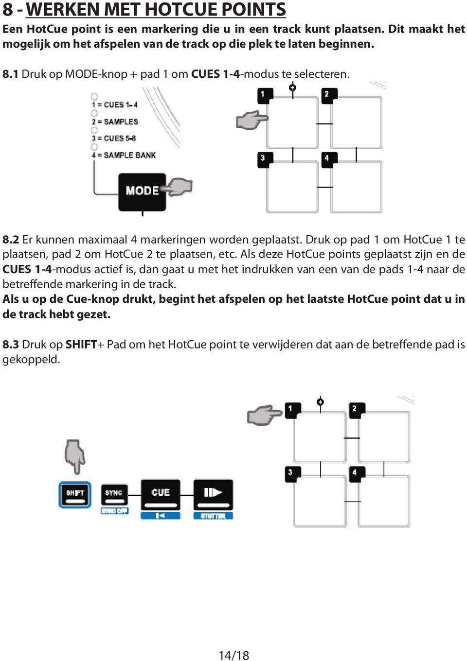 Druk op pad 1 om HotCue 1 te plaatsen, pad 2 om HotCue 2 te plaatsen, etc.