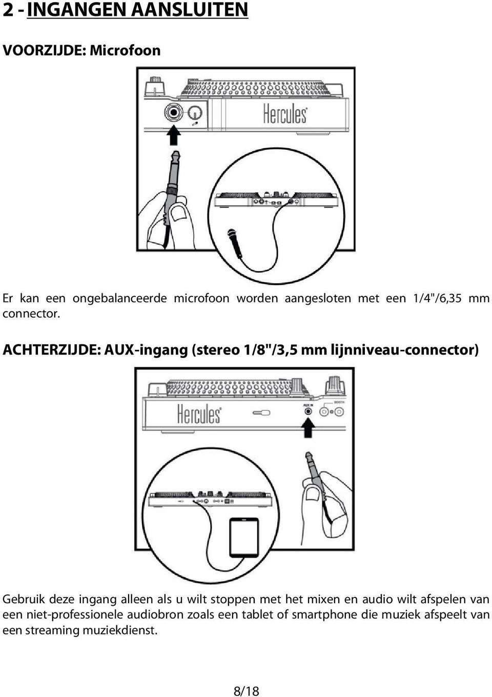 ACHTERZIJDE: AUX-ingang (stereo 1/8"/3,5 mm lijnniveau-connector) Gebruik deze ingang alleen als u