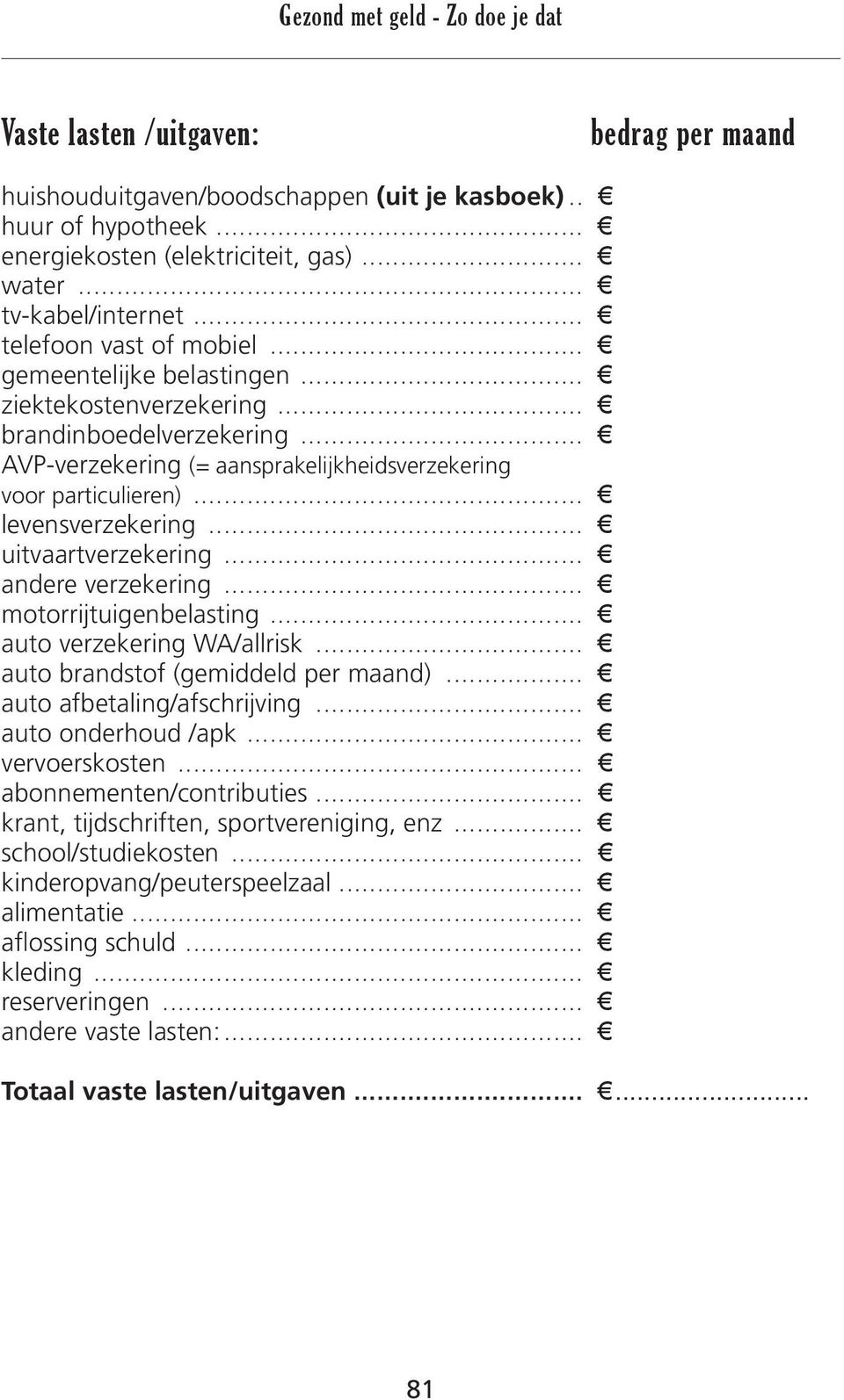 .. levensverzekering... uitvaartverzekering... andere verzekering... motorrijtuigenbelasting... auto verzekering WA/allrisk... auto brandstof (gemiddeld per maand)... auto afbetaling/afschrijving.