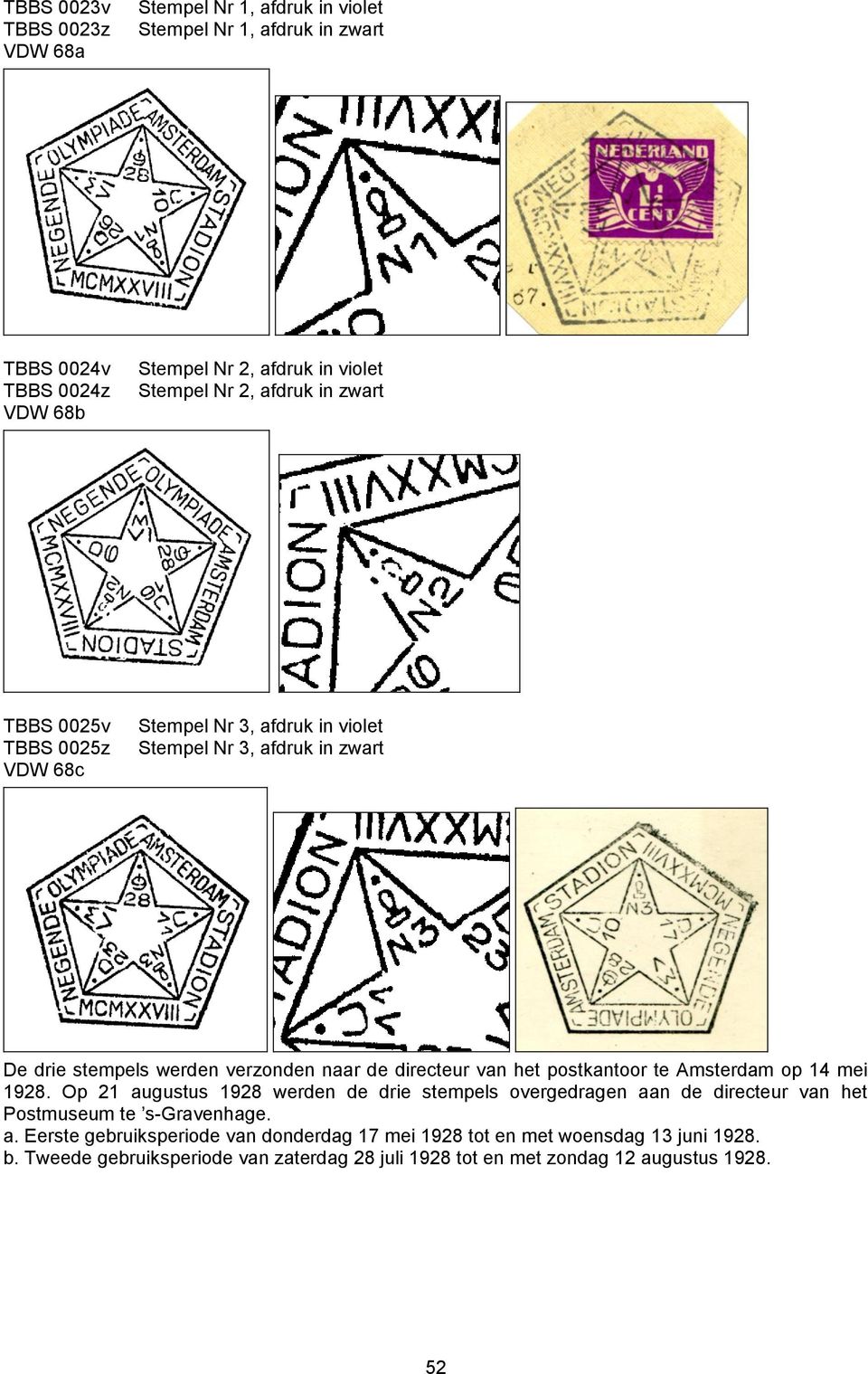 van het postkantoor te Amsterdam op 14 mei 1928. Op 21 augustus 1928 werden de drie stempels overgedragen aan de directeur van het Postmuseum te s-gravenhage. a. Eerste gebruiksperiode van donderdag 17 mei 1928 tot en met woensdag 13 juni 1928.