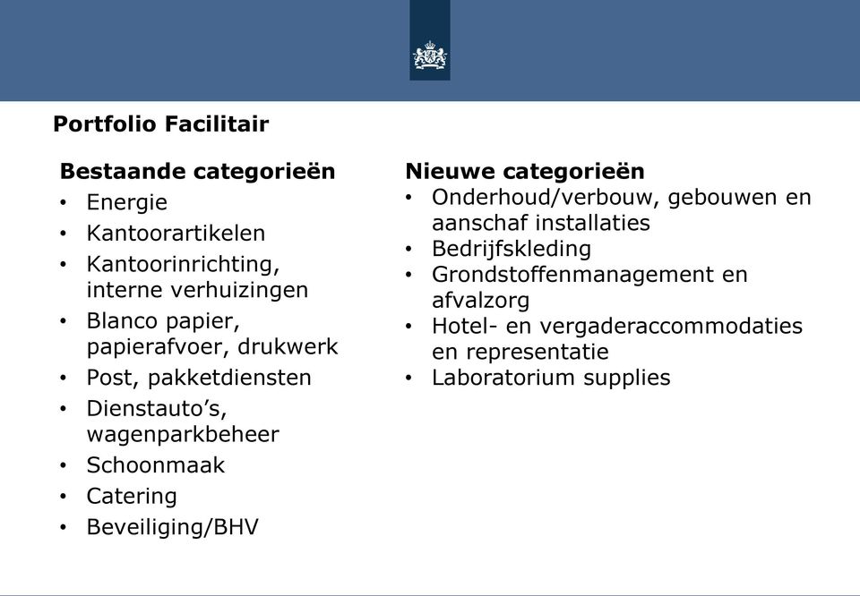 Schoonmaak Catering Beveiliging/BHV Nieuwe categorieën Onderhoud/verbouw, gebouwen en aanschaf