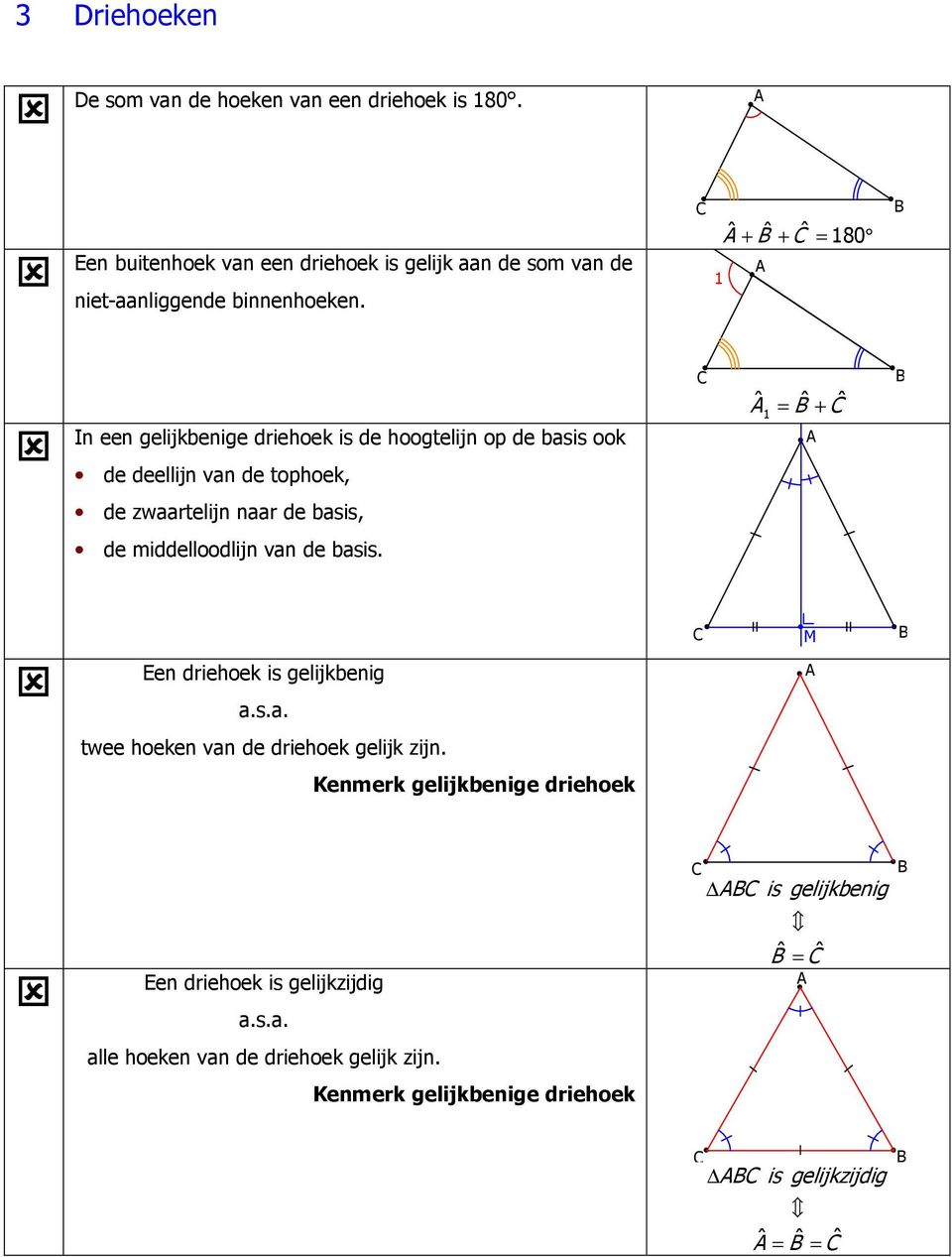 de middelloodlijn van de basis. Een driehoek is gelijkbenig a.s.a. twee hoeken van de driehoek gelijk zijn.