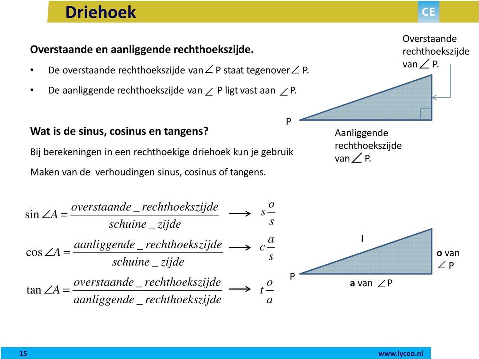 Bij berekeningen in een rechthoekige driehoek kun je gebruik Maken van de verhoudingen sinus, cosinus of tangens. Aanliggende rechthoekszijde van P.