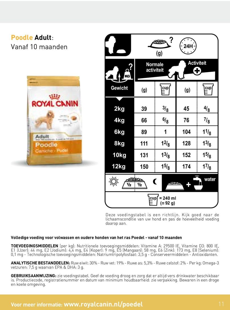 8 + water cup = 240 ml ( 92 g) Deze voedingstabel is een richtlijn. Kijk goed naar de lichaamsconditie van uw hond en pas de hoeveelheid voeding daarop aan.