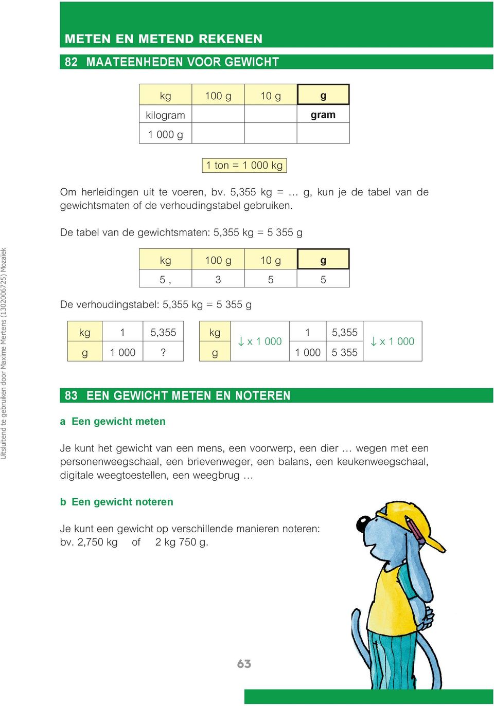 De tabel van de gewichtsmaten: 5,355 kg = 5 355 g kg 00 g 0 g g 5, 3 5 5 De verhoudingstabel: 5,355 kg = 5 355 g kg 5,355 g 000?