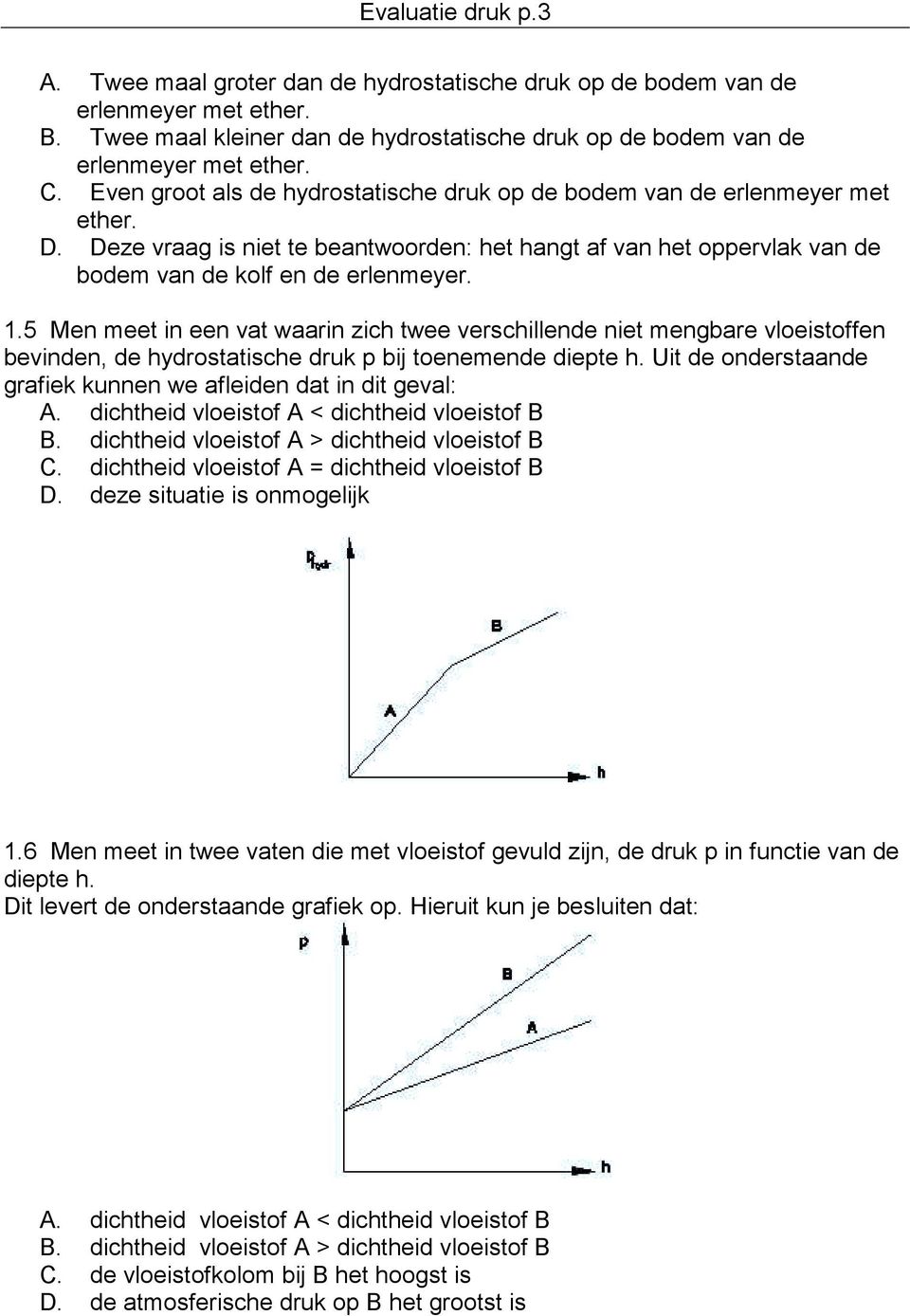 5 Men meet in een vat waarin zich twee verschillende niet mengbare vloeistoffen bevinden, de hydrostatische druk p bij toenemende diepte h.