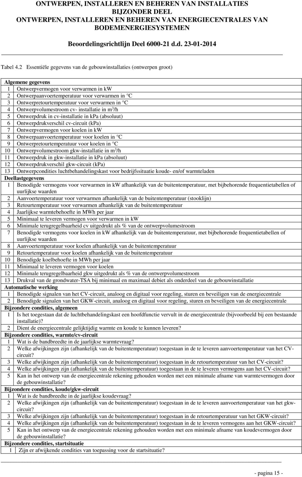 voor verwarmen in C 4 Ontwerpvolumestroom cv- installatie in m 3 /h 5 Ontwerpdruk in cv-installatie in kpa (absoluut) 6 Ontwerpdrukverschil cv-circuit (kpa) 7 Ontwerpvermogen voor koelen in kw 8