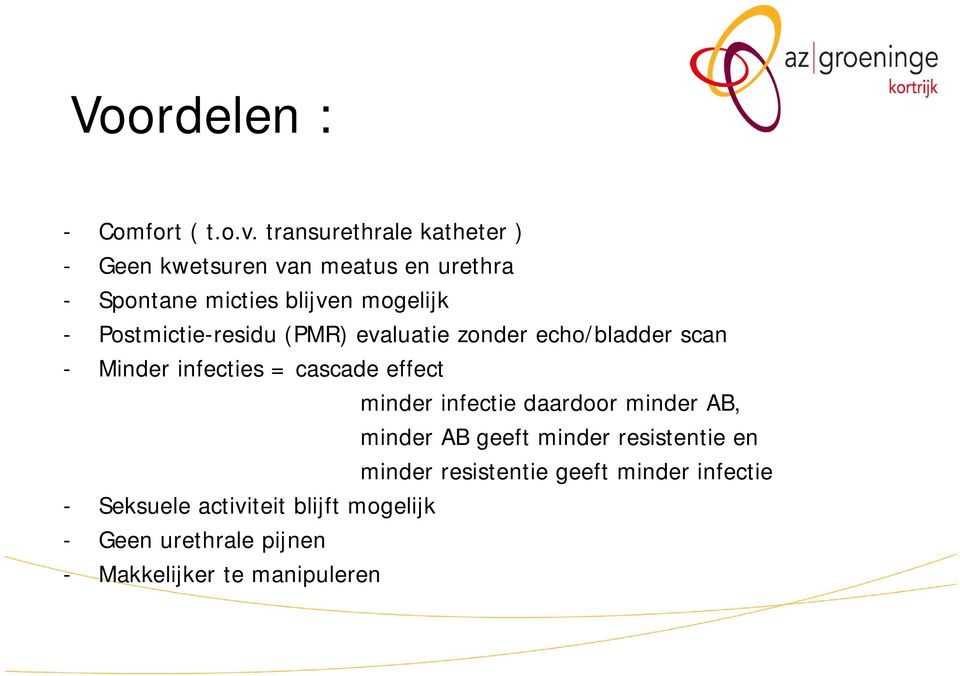Postmictie-residu (PMR) evaluatie zonder echo/bladder scan - Minder infecties = cascade effect minder