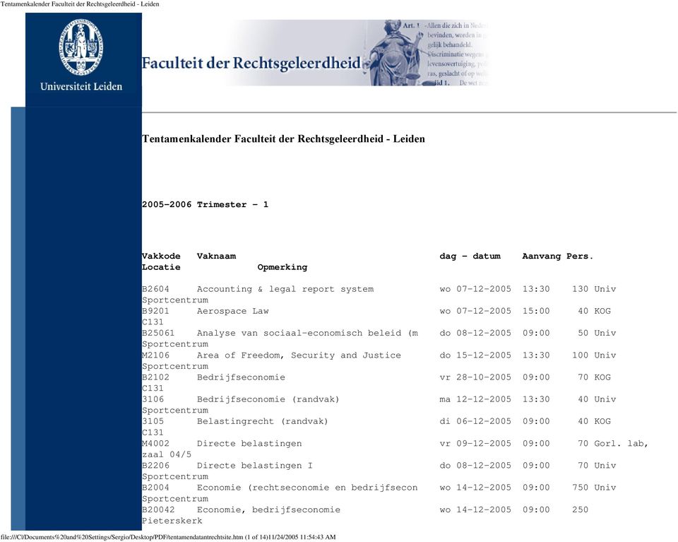 09:00 50 Univ M2106 Area of Freedom, Security and Justice do 15-12-2005 13:30 100 Univ B2102 Bedrijfseconomie vr 28-10-2005 09:00 70 KOG 3106 Bedrijfseconomie (randvak) ma 12-12-2005 13:30 40 Univ