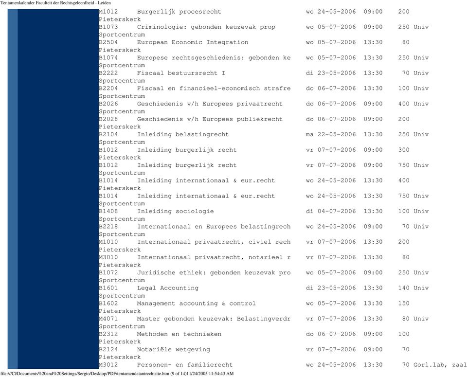 B2026 Geschiedenis v/h Europees privaatrecht do 06-07-2006 09:00 400 Univ B2028 Geschiedenis v/h Europees publiekrecht do 06-07-2006 09:00 200 B2104 Inleiding belastingrecht ma 22-05-2006 13:30 250