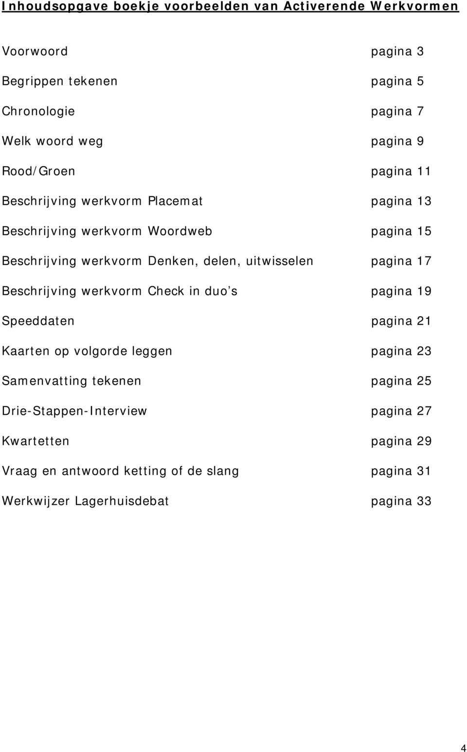 delen, uitwisselen pagina 17 Beschrijving werkvorm Check in duo s pagina 19 Speeddaten pagina 21 Kaarten op volgorde leggen pagina 23 Samenvatting