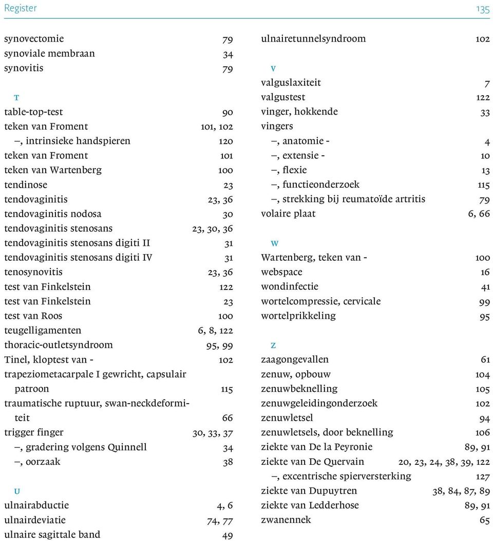 Finkelstein 122 test van Finkelstein 23 test van Roos 100 teugelligamenten 6, 8, 122 thoracic-outletsyndroom 95, 99 Tinel, kloptest van - 102 trapeziometacarpale I gewricht, capsulair patroon 115