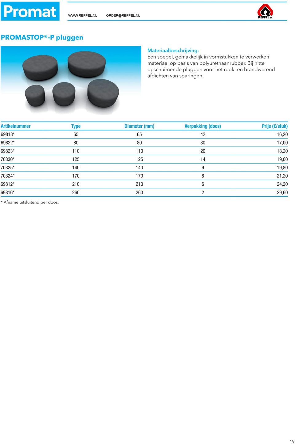 Type Diameter Verpakking (doos) ( /stuk) 69818* 65 65 42 16,20 69822* 80 80 30 17,00 69823* 110 110 20