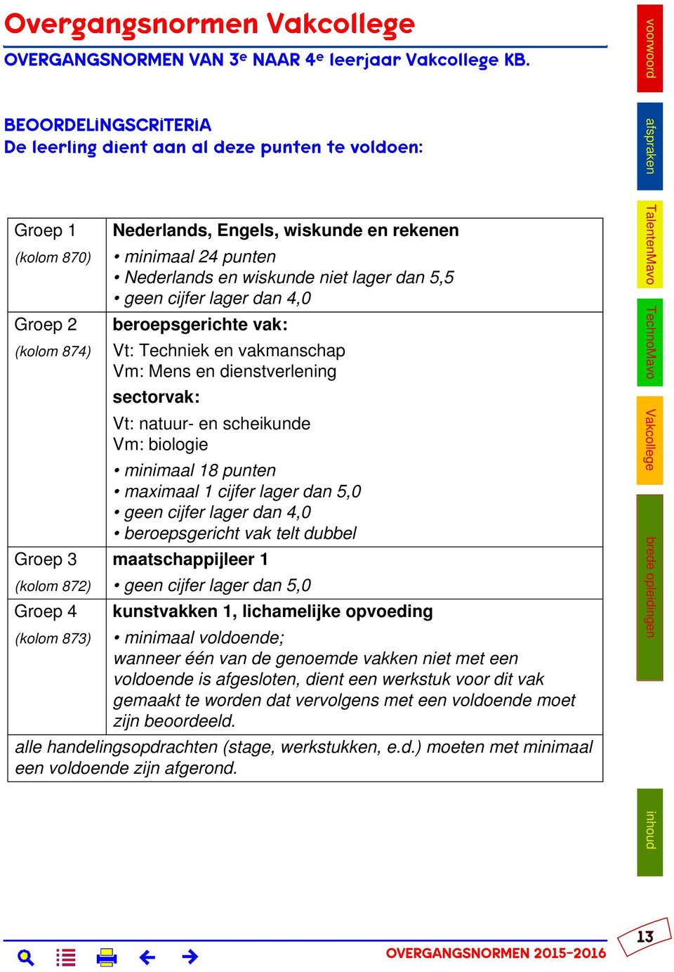 natuur- en scheikunde Vm: biologie minimaal 18 punten maximaal 1 cijfer lager dan 5,0 beroepsgericht vak telt dubbel Groep 3 maatschappijleer 1 (kolom 872) geen cijfer lager dan 5,0 Groep 4