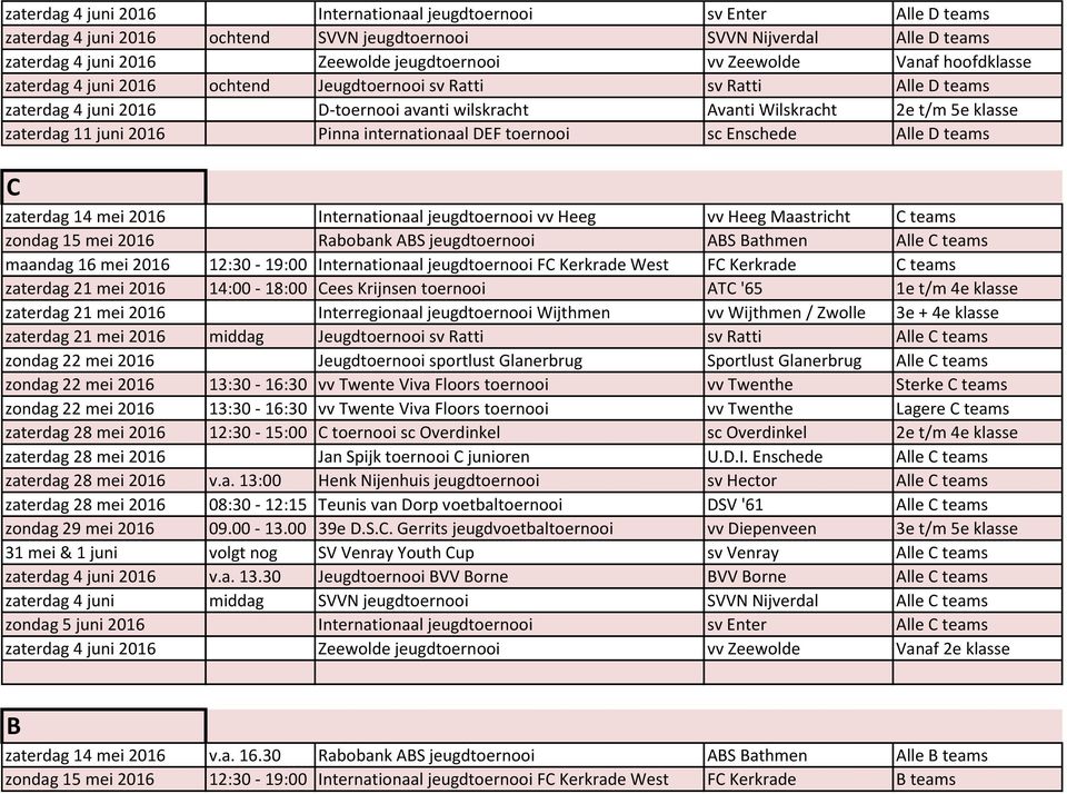 juni 2016 Pinna internationaal DEF toernooi sc Enschede Alle D teams C zaterdag 14 mei 2016 Internationaal jeugdtoernooi vv Heeg vv Heeg Maastricht C teams zondag 15 mei 2016 Rabobank ABS