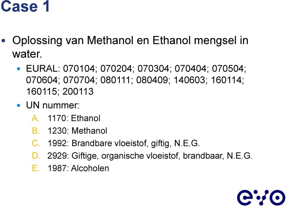 140603; 160114; 160115; 200113 UN nummer: A. 1170: Ethanol B. 1230: Methanol C.