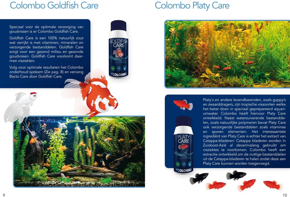 Goldfish Care voorkomt daarmee visziekten. Volg voor optimale resultaten het Colombo onderhoud systeem (Zie pag. 8) en vervang Bacto Care door Goldfish Care.