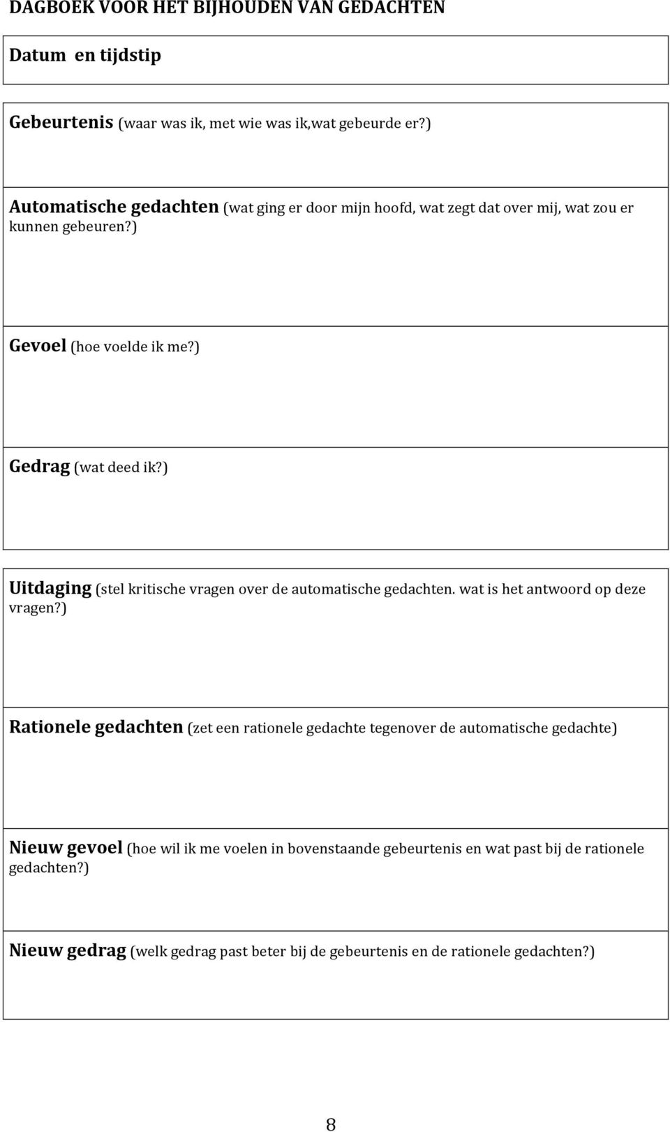 ) Uitdaging (stel kritische vragen over de automatische gedachten. wat is het antwoord op deze vragen?