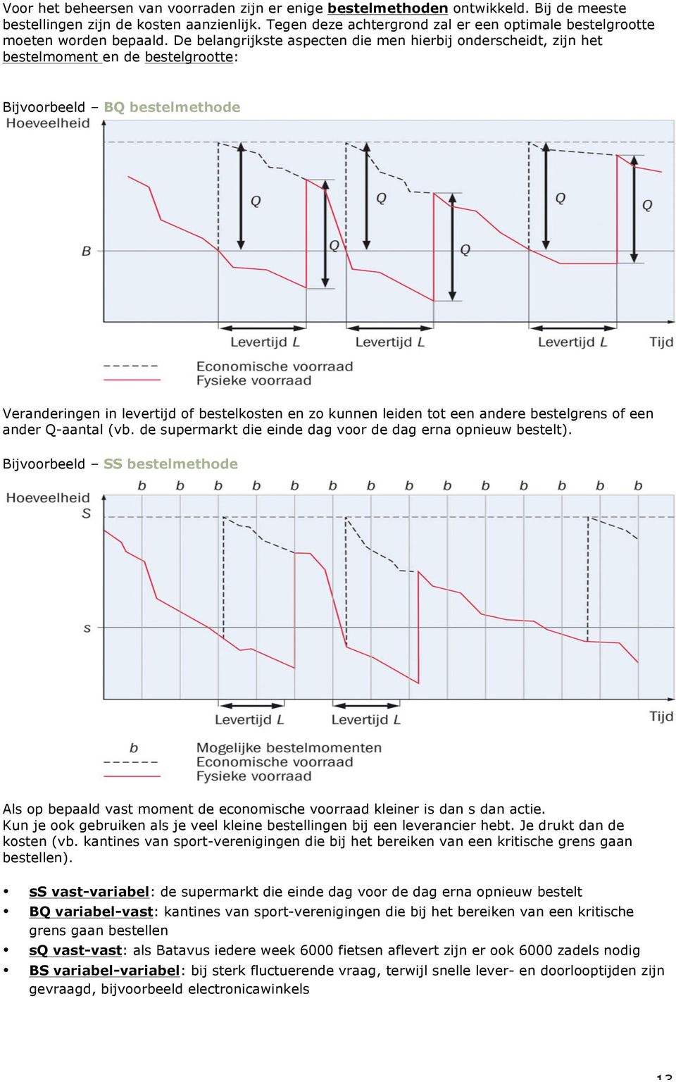 De belangrijkste aspecten die men hierbij onderscheidt, zijn het bestelmoment en de bestelgrootte: Bijvoorbeeld BQ bestelmethode Veranderingen in levertijd of bestelkosten en zo kunnen leiden tot een