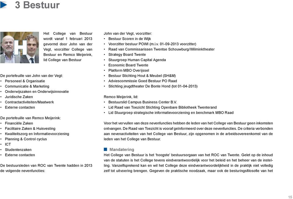 Financiële Zaken Facilitaire Zaken & Huisvesting Kwaliteitszorg en Informatievoorziening Planning & Control cyclus ICT Studentenzaken Externe contacten De bestuursleden van ROC van Twente hadden in