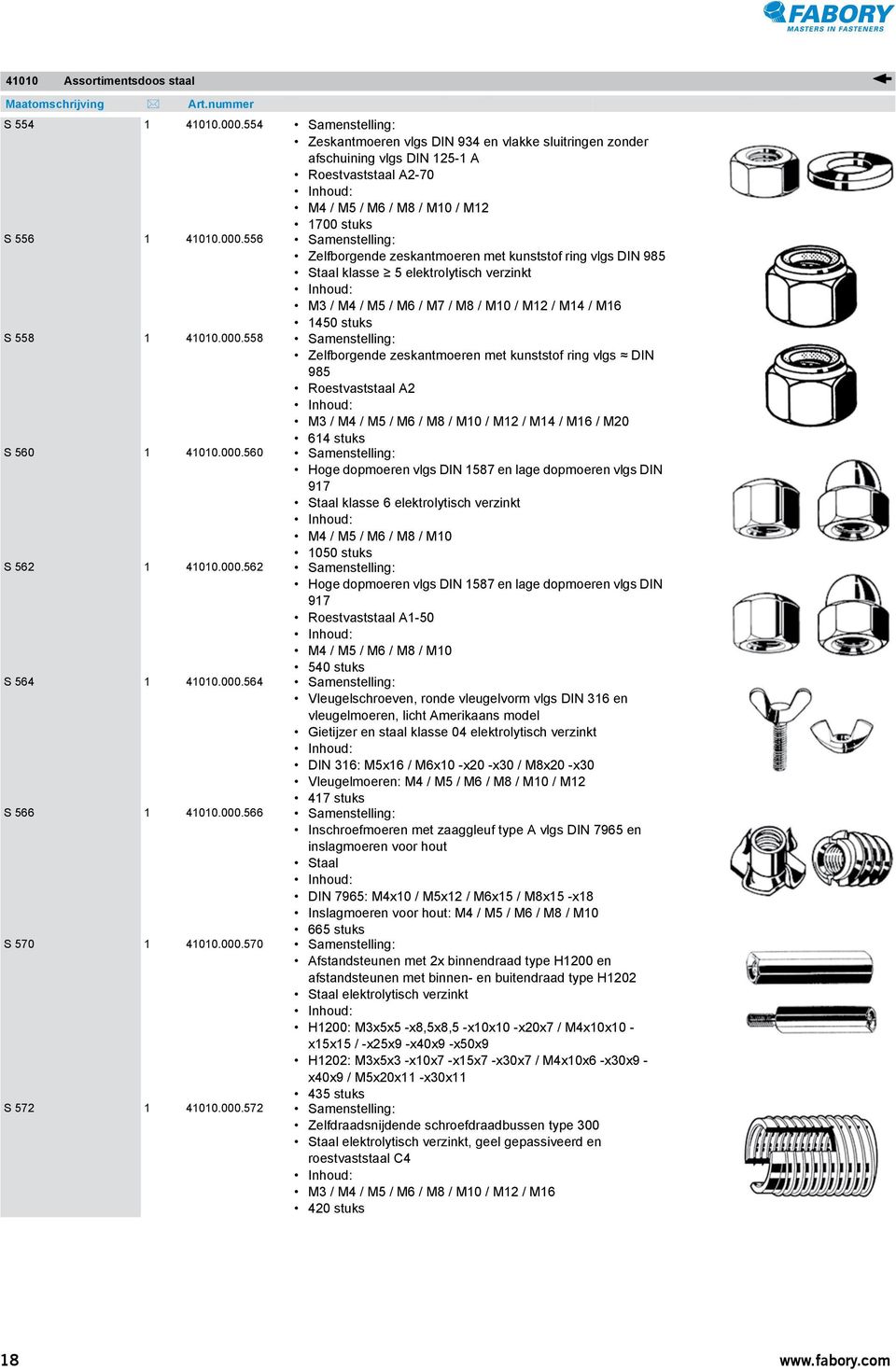 556 Samenstelling: Zelfborgende zeskantmoeren met kunststof ring vlgs DIN 985 klasse 5 elektrolytisch verzinkt M3 / M4 / M5 / M6 / M7 / M8 / M10 / M12 / M14 / M16 1450 stuks S 558 1 41010.000.