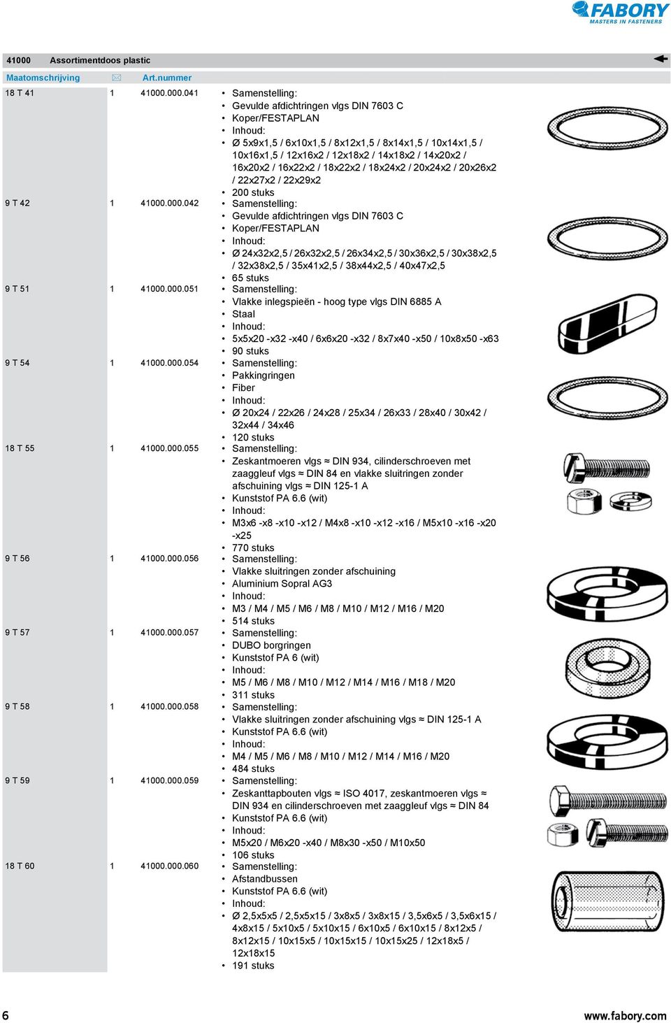000.041 Samenstelling: Gevulde afdichtringen vlgs DIN 7603 C Koper/FESTAPLAN Ø 5x9x1,5 / 6x10x1,5 / 8x12x1,5 / 8x14x1,5 / 10x14x1,5 / 10x16x1,5 / 12x16x2 / 12x18x2 / 14x18x2 / 14x20x2 / 16x20x2 /