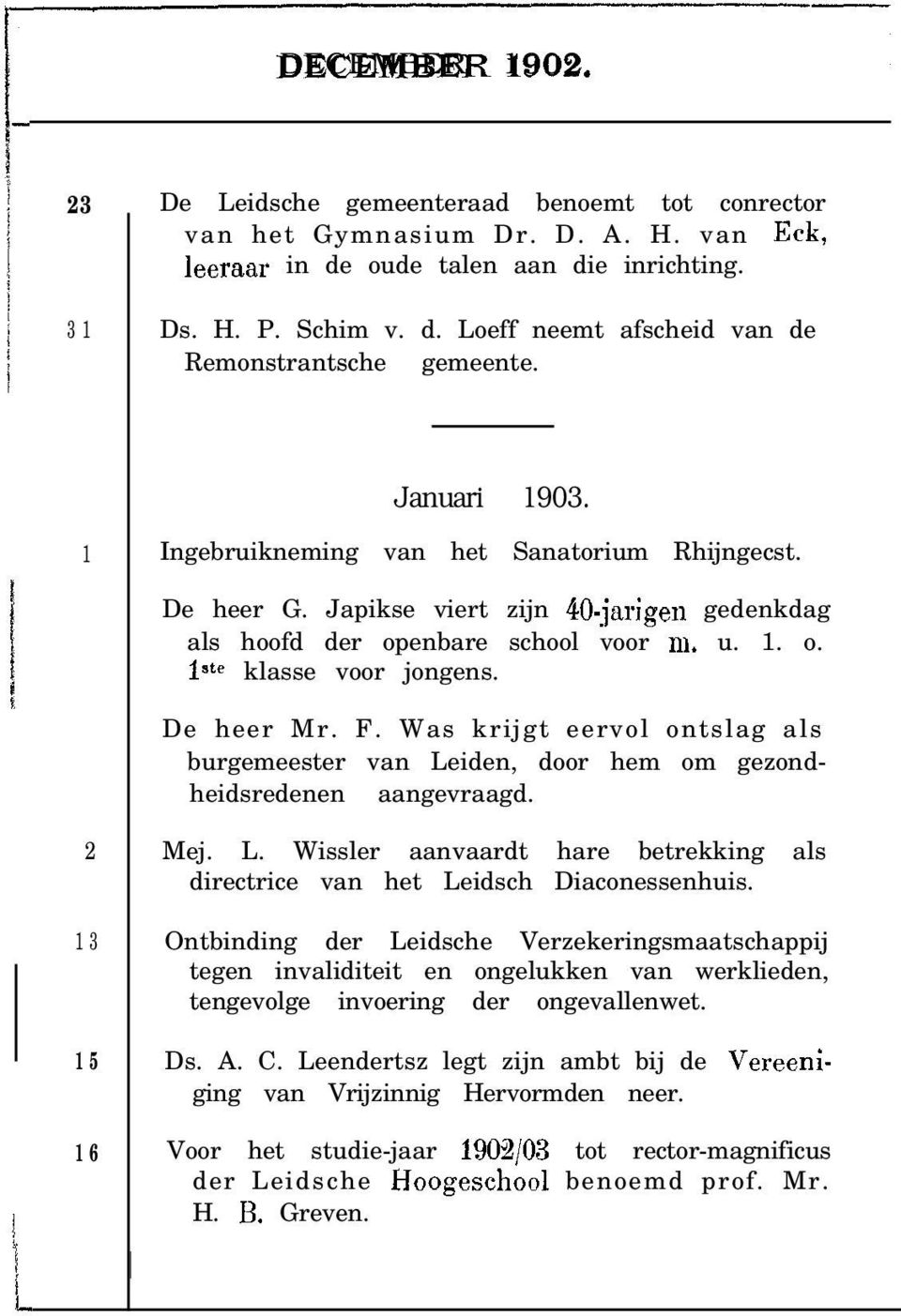 F. Was krijgt eervol ontslag als burgemeester van Leiden, door hem om gezondheidsredenen aangevraagd. f EL 2 13 15 16 Mej. L. Wissler aanvaardt hare betrekking als directrice van het Leidsch Diaconessenhuis.