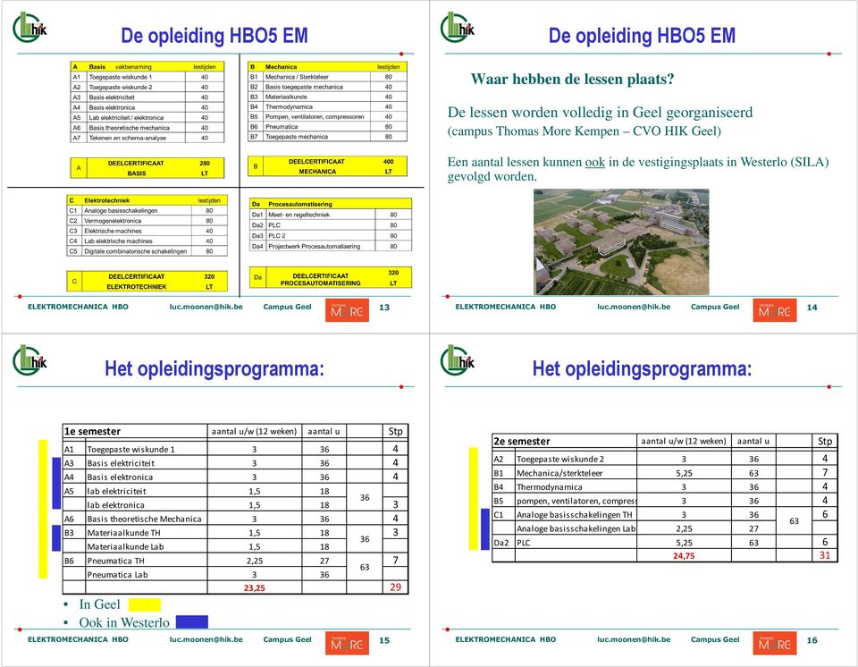 ELEKTROMECHANICA HBO Campus Geel 1 ELEKTROMECHANICA HBO Campus Geel 1 Het opleidingsprogramma: Het opleidingsprogramma: 1e semester aantal u/w (1 weken) aantal u Stp A1 Toegepaste wiskunde 1 6 A