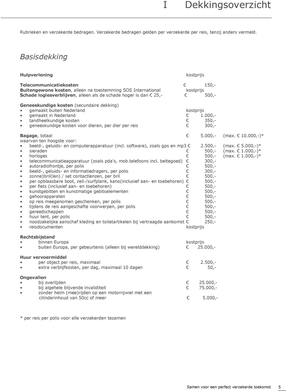 25,- 500,- Geneeskundige kosten (secundaire dekking) gemaakt buiten Nederland kostprijs gemaakt in Nederland 1.